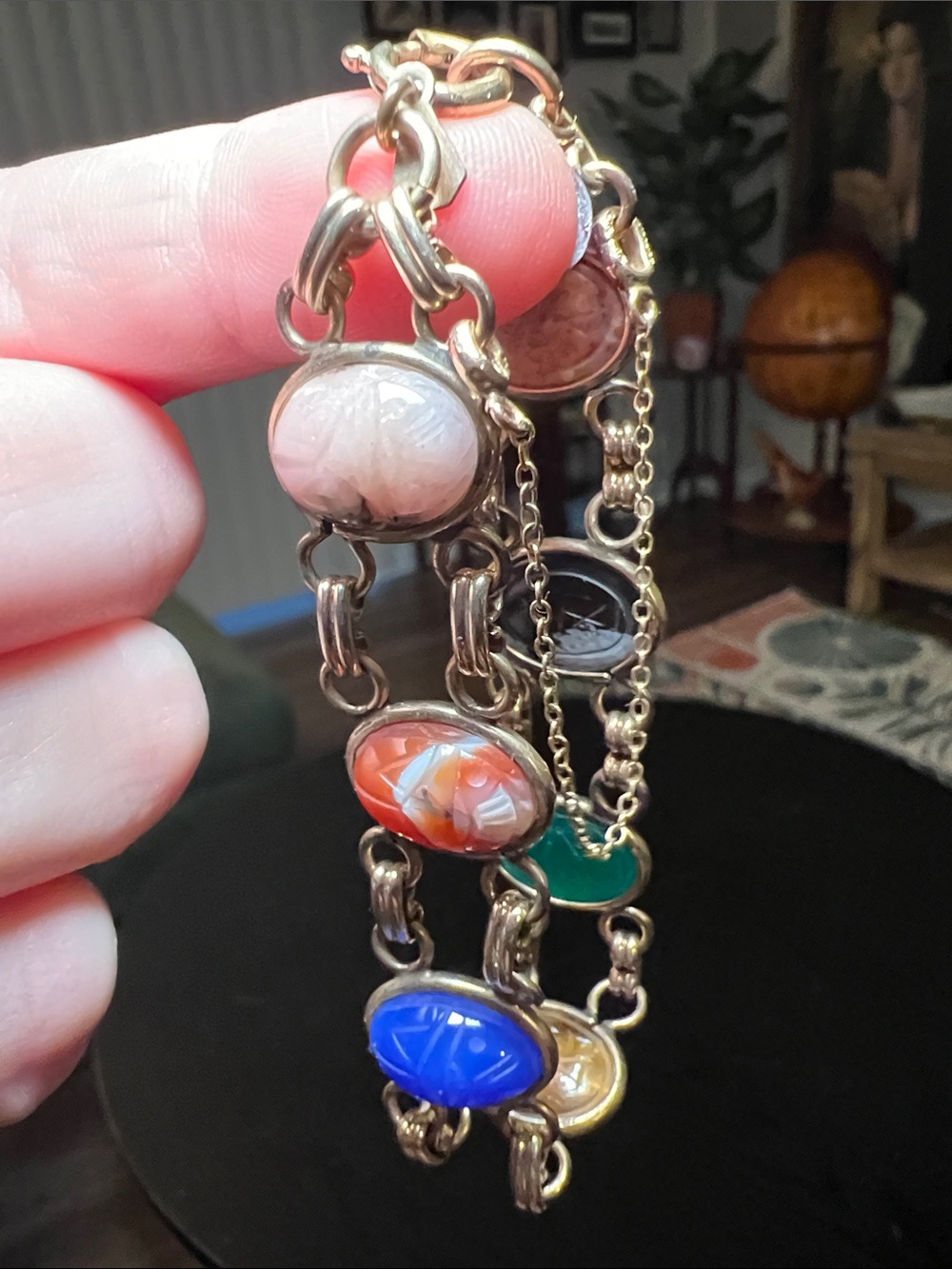 Vintage Amco Signed 12k Gold Filled Multi Gemstone Carved Scarab Bracelet - Picture 2 of 15